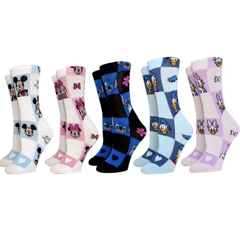 5 paia Cartoon Mickey Minnie Stitch calzini da donna in cotone comodi calzini Anime calzini Casual happy funny taglia 35-40