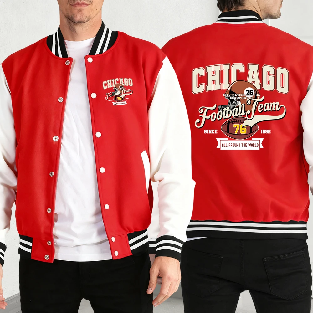 

Мужская осенняя бейсбольная майка с принтом футбольной команды Chicago, свободные уличные куртки, спортивное пальто с карманами, винтажная повседневная мужская одежда
