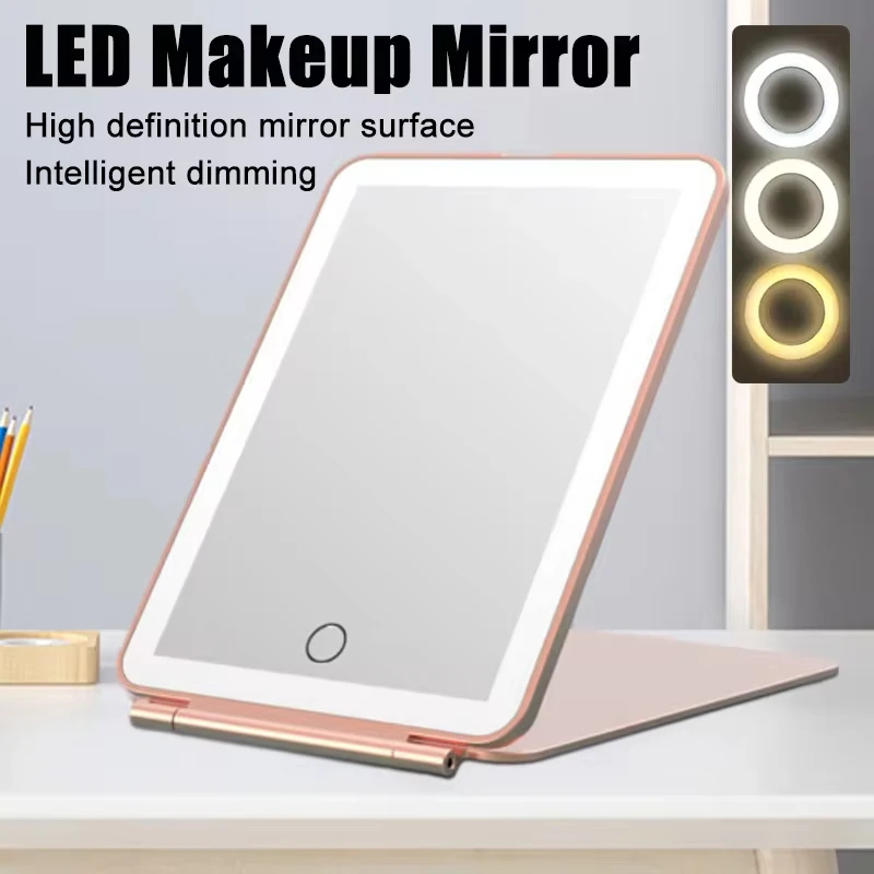 LED Foldable Travel Makeup Mirror 3 Colors Light Modes USB Rechargeable Touch Screen Portable Tabletop Cosmetic Lighted Mirror