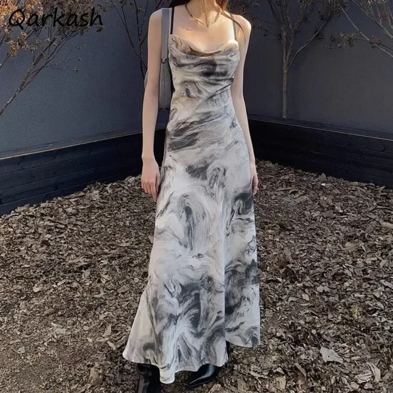 Chinese Style Maxi Dress Women Tie Dye Elegant Spaghetti Strap Summer Vintage Backless Minority Aesthetic Clothing Lady Party