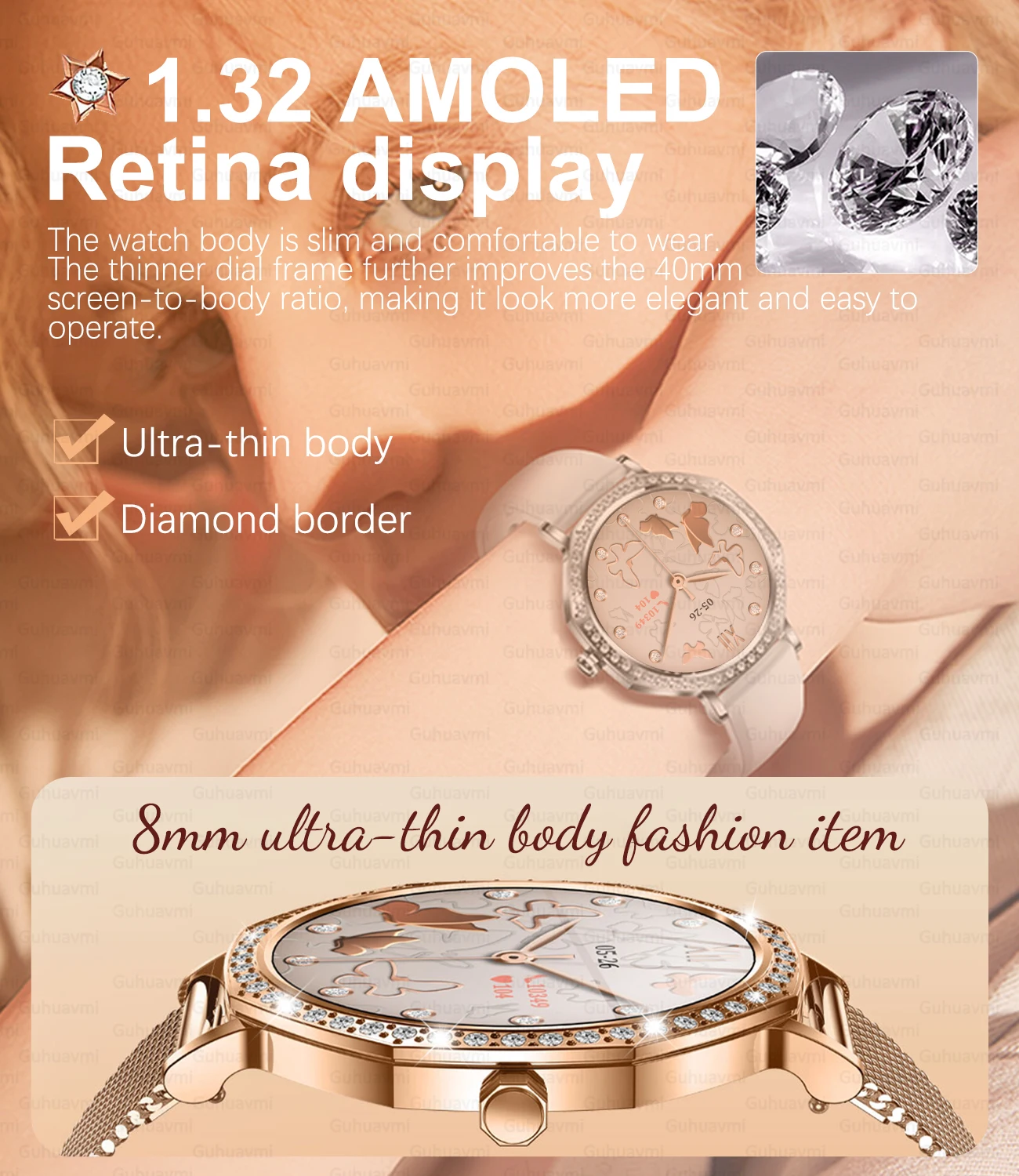 2025 New Ladies' Fashion Smartwatch Diamond Frame HD AMOLED Screen Bluetooth Call Health Monitoring Waterproof Smart Watch Gift