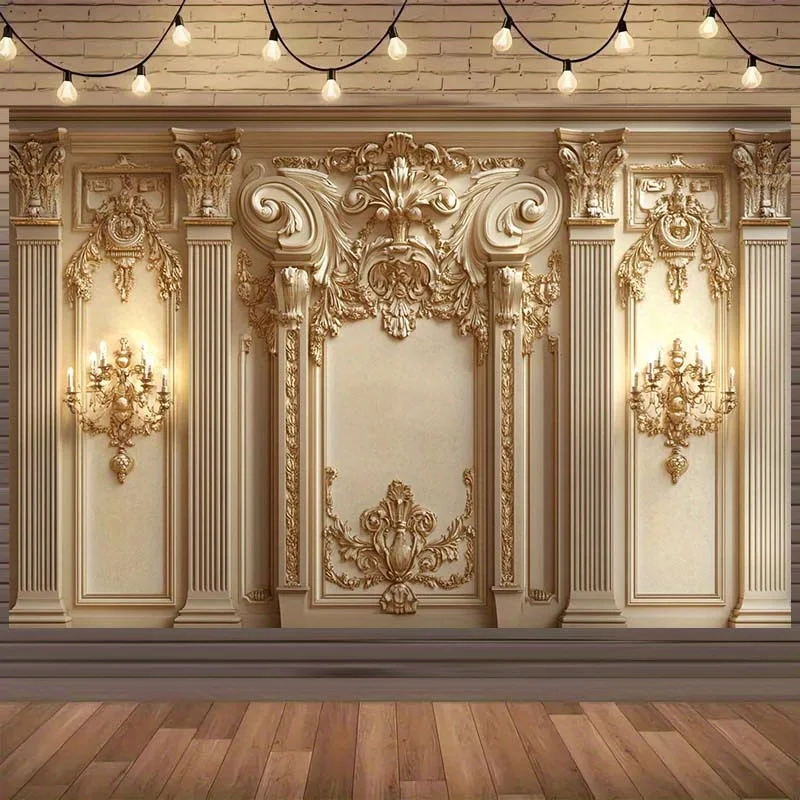 1, luxuriöser Fotohintergrund im Barockstil mit goldenen Reliefs und Marmorsäulen – geeignet für Hochzeiten, Polyester