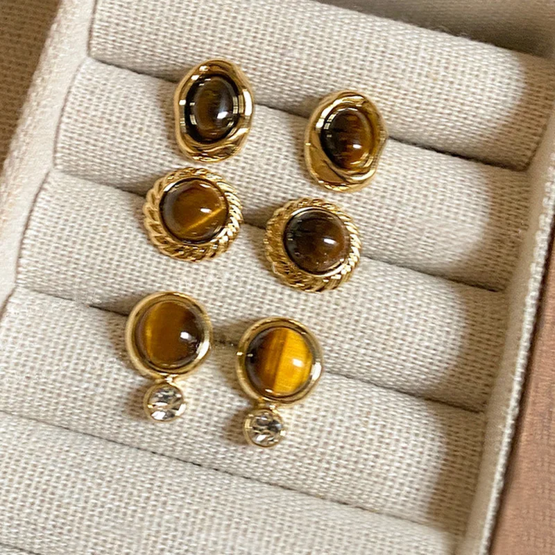 Imitation Tiger Eye Stone Stud Earrings Retro Classic Geometric Round Ear Studs Buckle for Women Girls Ear Jewelry Party Gift