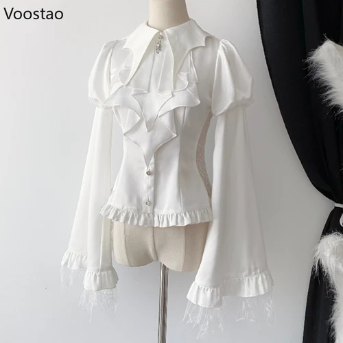 Imagen 1 del producto Camisas góticas Y2k estilo Lolita para mujer, blusa de manga larga con farol de malla Vintage, ropa ajustada Vintage victoriana japonesa para mujer, Tops