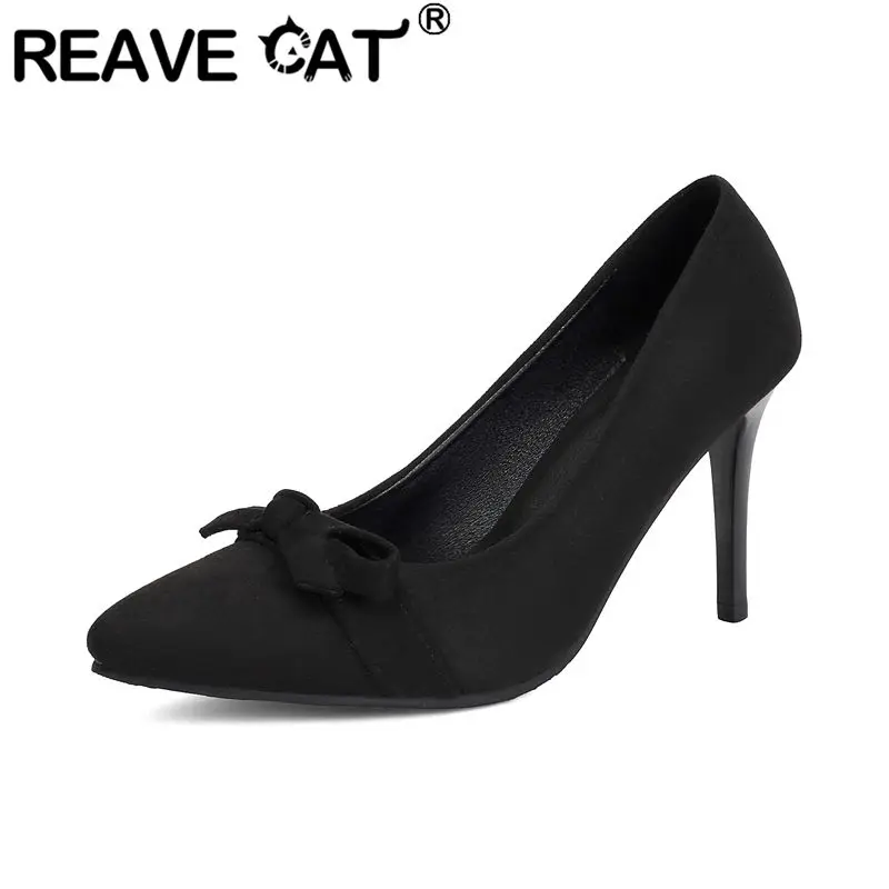 REAVE CAT Black Female Pumps Pointed Toe 9cm Stiletto Heel Slip On Butterfly Knot Large Size 44 45 46 Sexy Dating Party Shoes