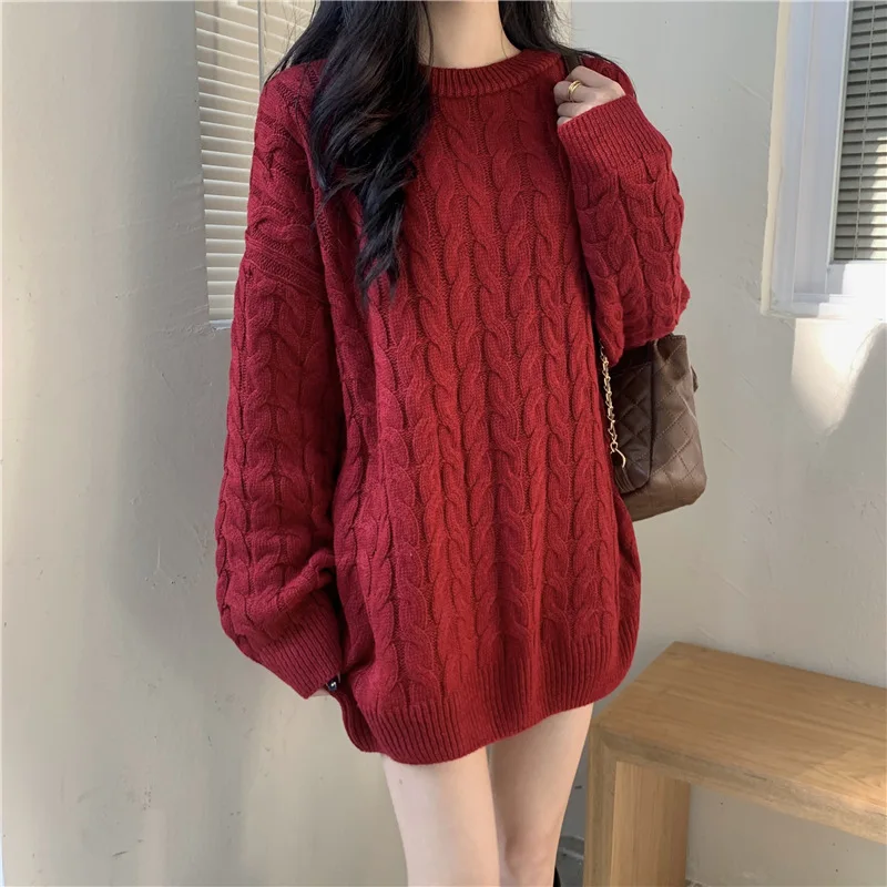 Sweater rajut tebal Korea untuk wanita, baju luar Pullover merah longgar gaya Vintage