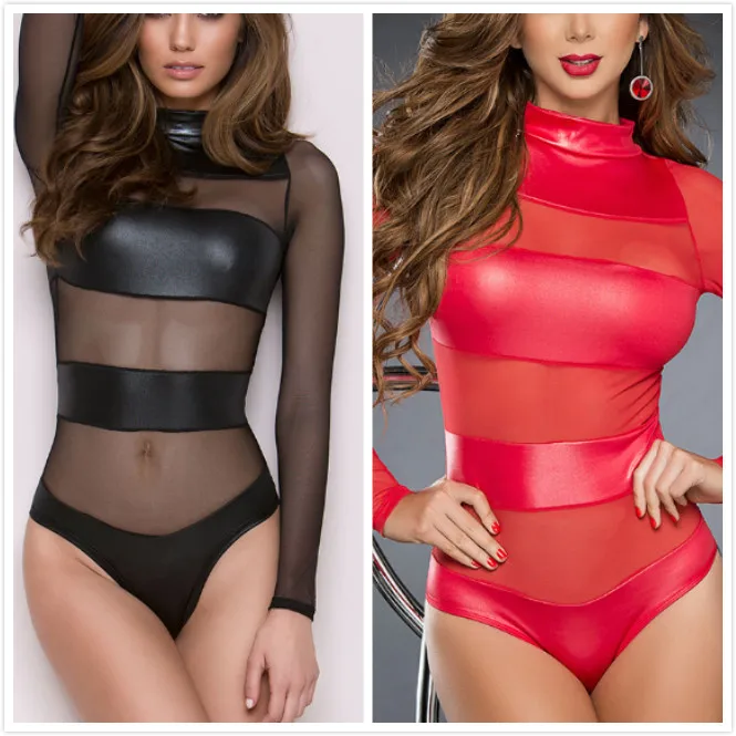 2021 Piyama Wanita Kulit Seksi Clubwear Wanita Sambungan Erotis Pakaian Seksual Bodysuit Jumpsuit Dropshipp