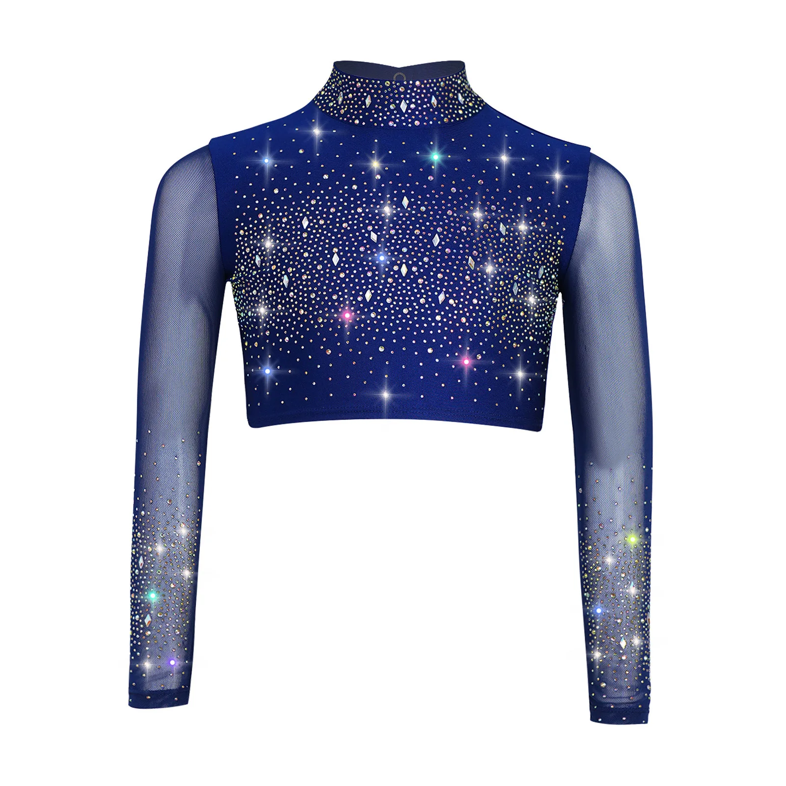 

Kids Girls Ballet Lyrical Dance Top Sheer Mesh Long Sleeve Keyhole Back Shiny Rhinestones Crop Top Gymnastics Skating Costume