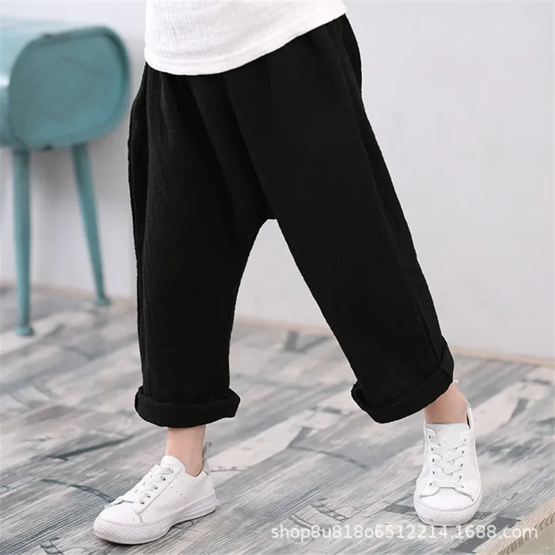 Kids Pants Boy Girl Summer Solid Color Linen Pleated Trousers Children Ankle-length Pants for Baby Boys Pants Casual Harem Pants