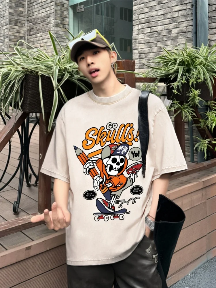 

Fashionable Men's Tee Summer Comfortable Breathable Round Neck Vintage Go Skulls Wash Japanese Design T-Shirt Outdoor Casual Top