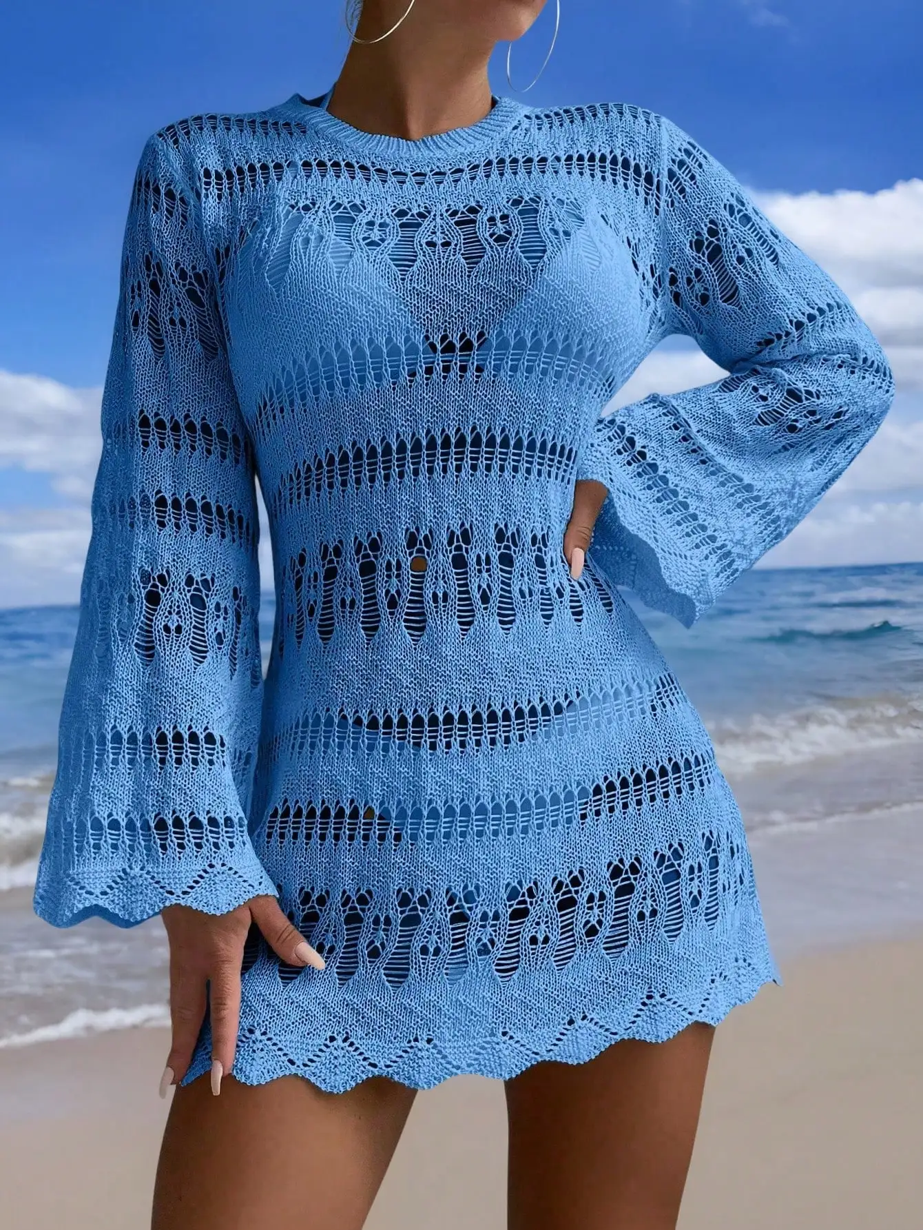 

Blue Hollow Out Crochet Cover Up Dress With Scallop Trim Beachwear