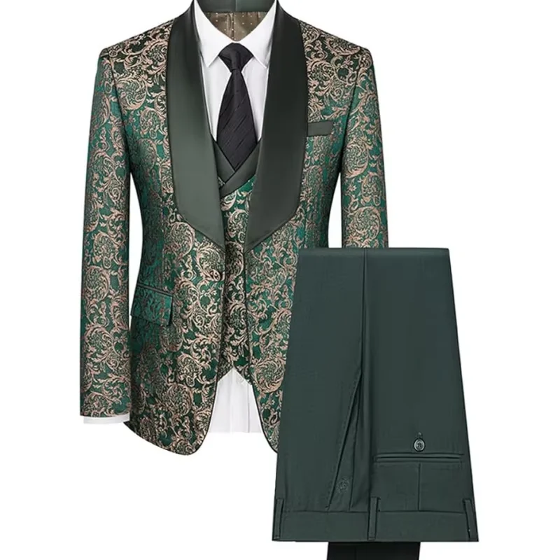 メンズ向けカスタム3ピースペイズリースーツセット |   スリムフィットタキシードジャケット+ベスト+パンツ |   ショールラペル ウェディングブレザー 新郎フォーマル
