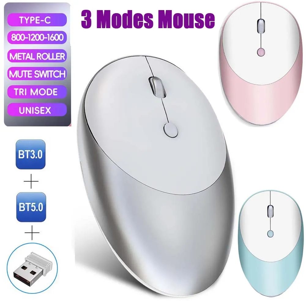 With Bluetooth Wireless Mouse BT5.0 BT3.0 2.4G 3 Mode Sharing 3 PC Noiceless Mice Metal Roller 1600DPI Rechargable Game Mouse