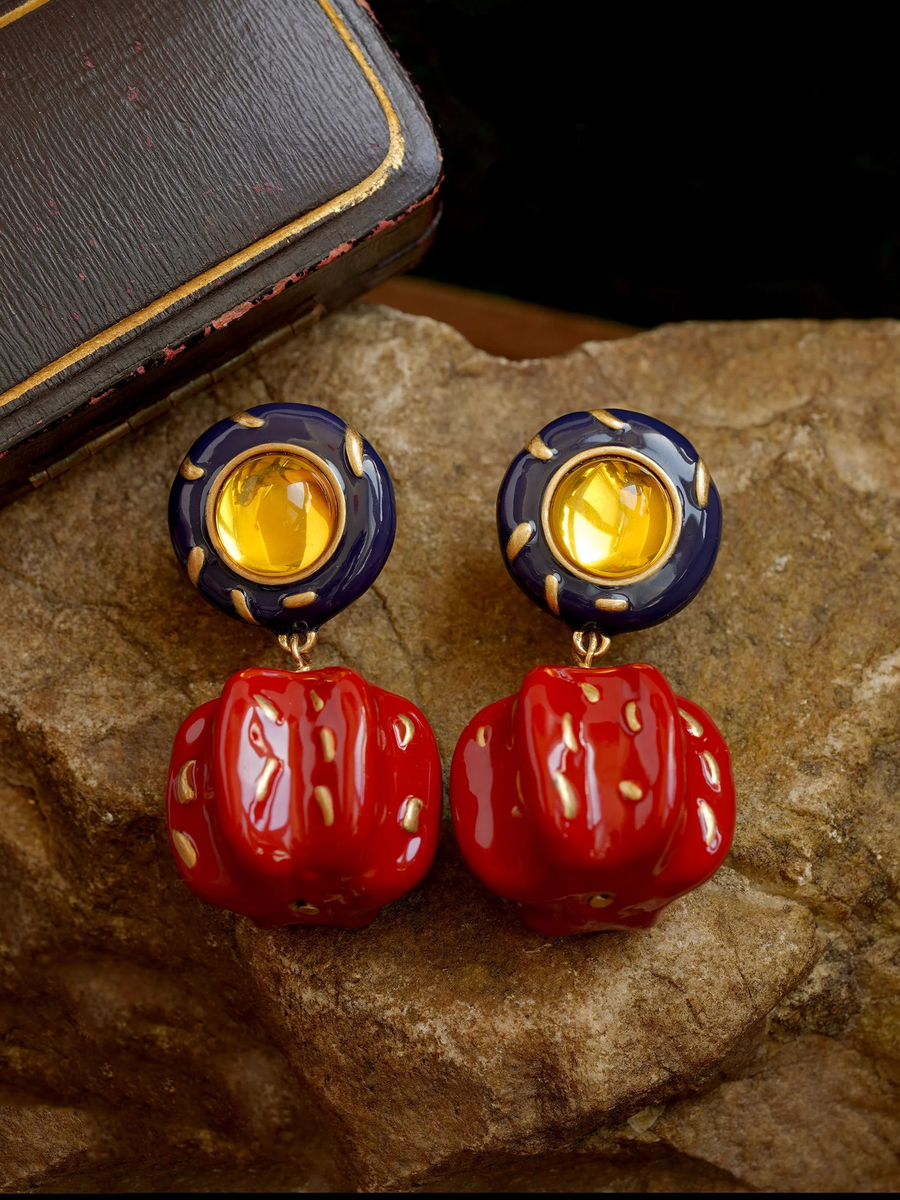 

vintage red pumpkin stud earrings women's autumn/winter exaggerated premier enamel ear accessory