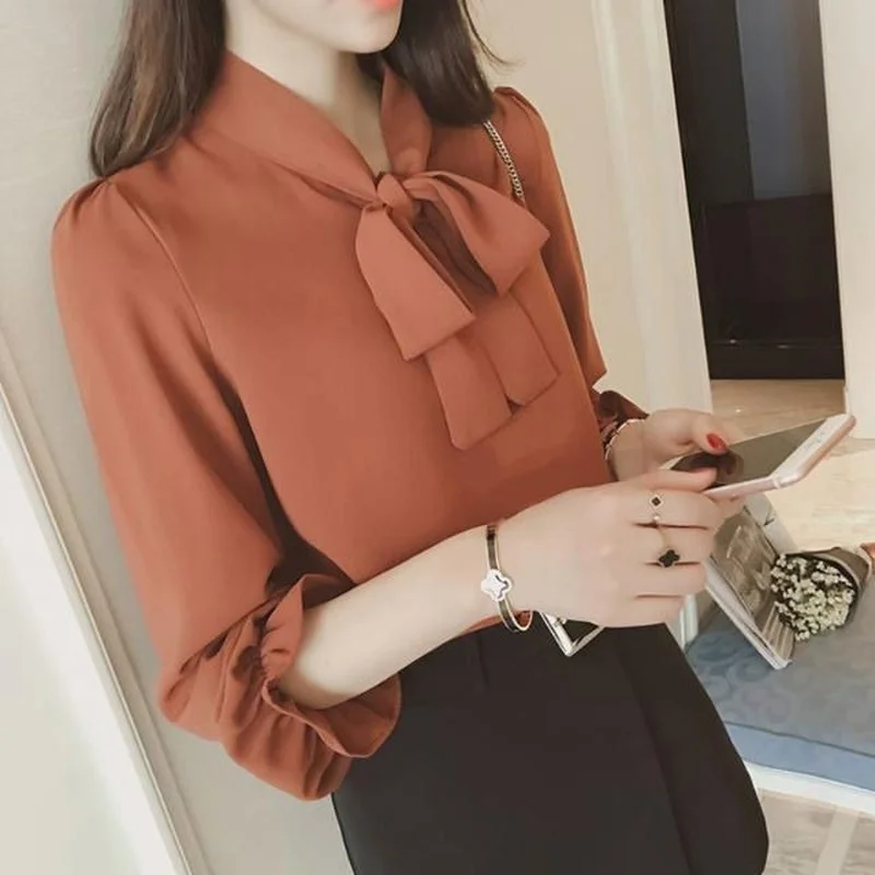 Hot Sale Blouse Women Elegant Fashion Bow Autumn Long Sleeve French Style Casual Vintage Female Feminine Daily Solid Breathable