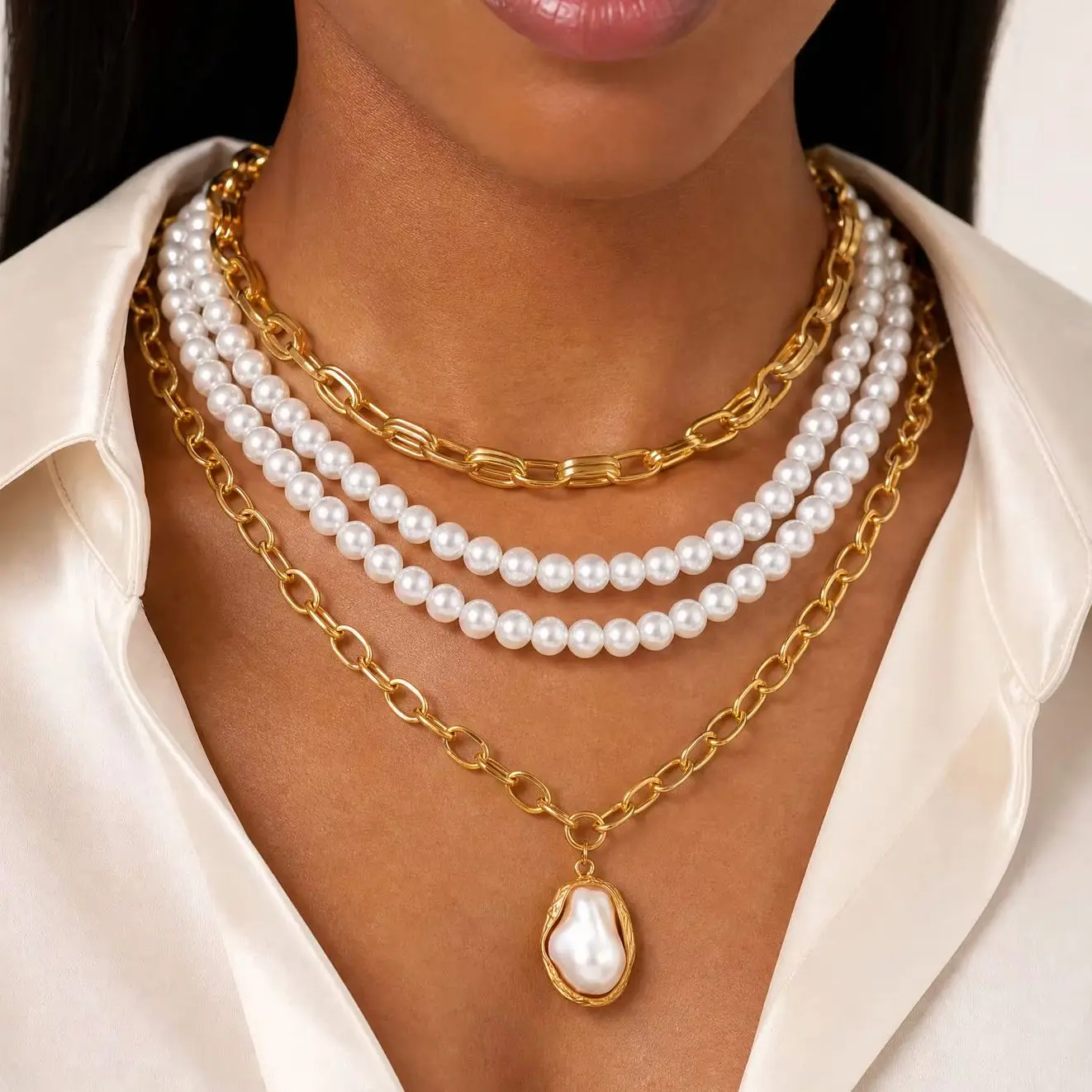 4pcs Set Fashion Imitation Baroque Pearl Pendant Chunky Layered Necklace Exaggerated Personality Stackable Jewelry Set for Women