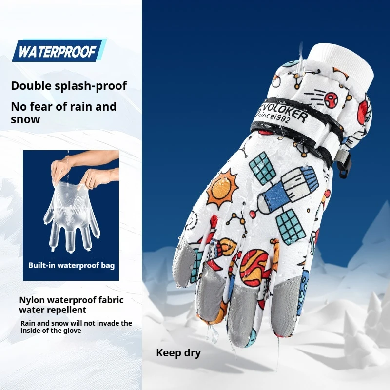 Guantes de esquí para niños, impermeables, con forro grueso, forro polar, cálidos, dedos completos, nieve, antideslizantes, deportivos, resistentes