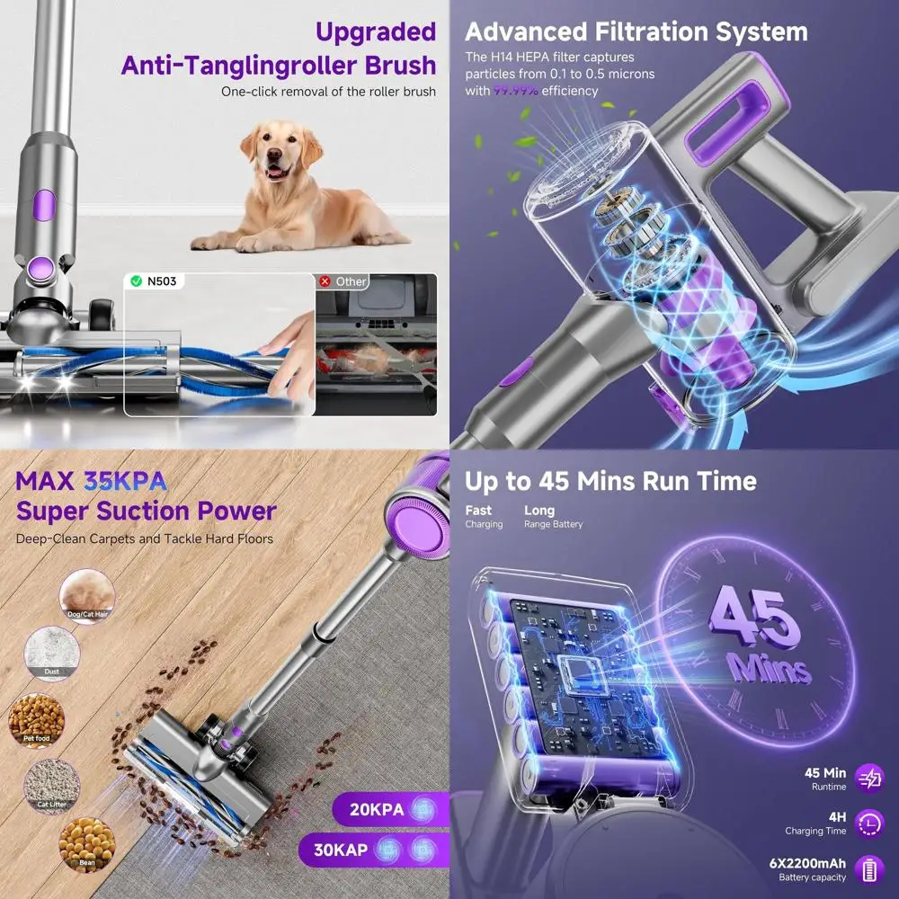 

Мощный беспроводной вертикальный пылесос 38 кПа с аккумулятором на 45 минут, LED-щеткой, 8-в-1 для дома, шерсти животных, ковров, полов - Pur