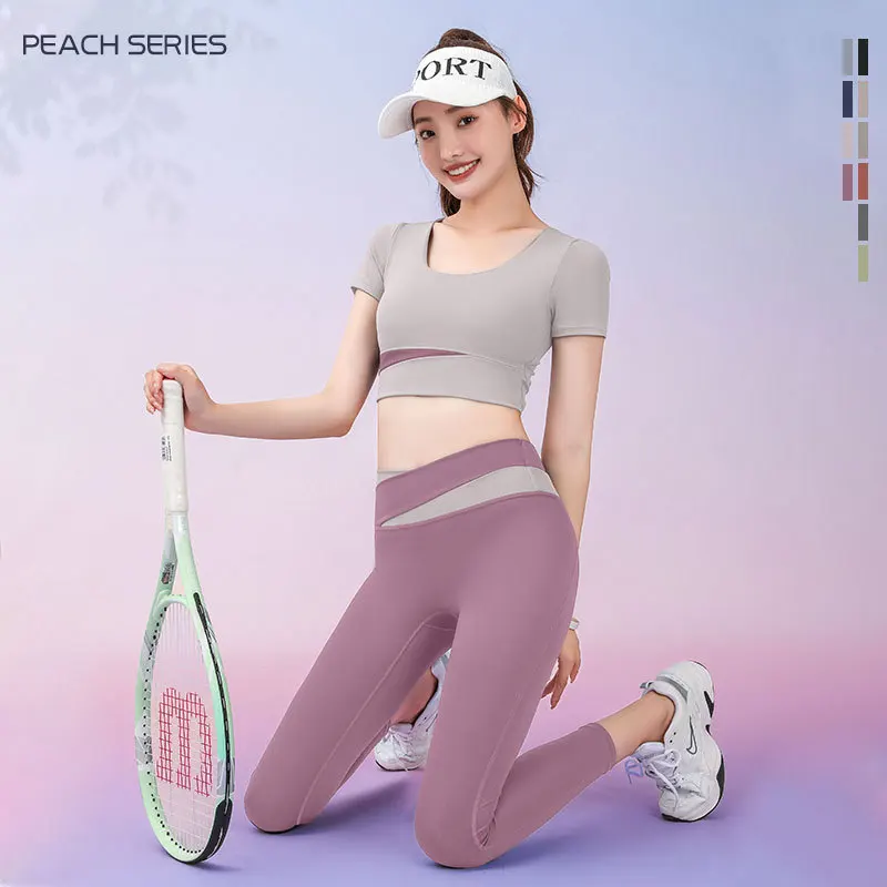 

Yoga Suit Suits Women's Navel-exposed Short Sleeve Suits In Spring and Summer, High Waist Hip-lifting Running Exercise Pants.