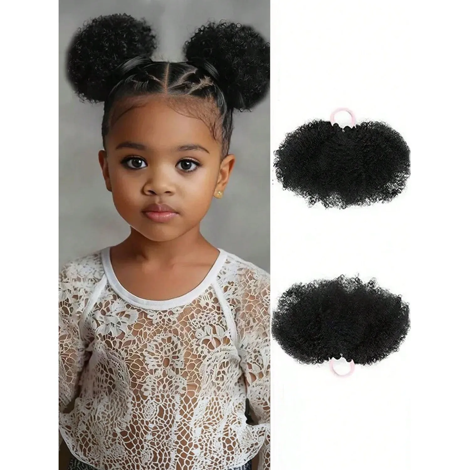 

2pcs/Set Girls' Curly Bun Hair Accessories, Natural Black Synthetic Hair, Suitable For Little Girls