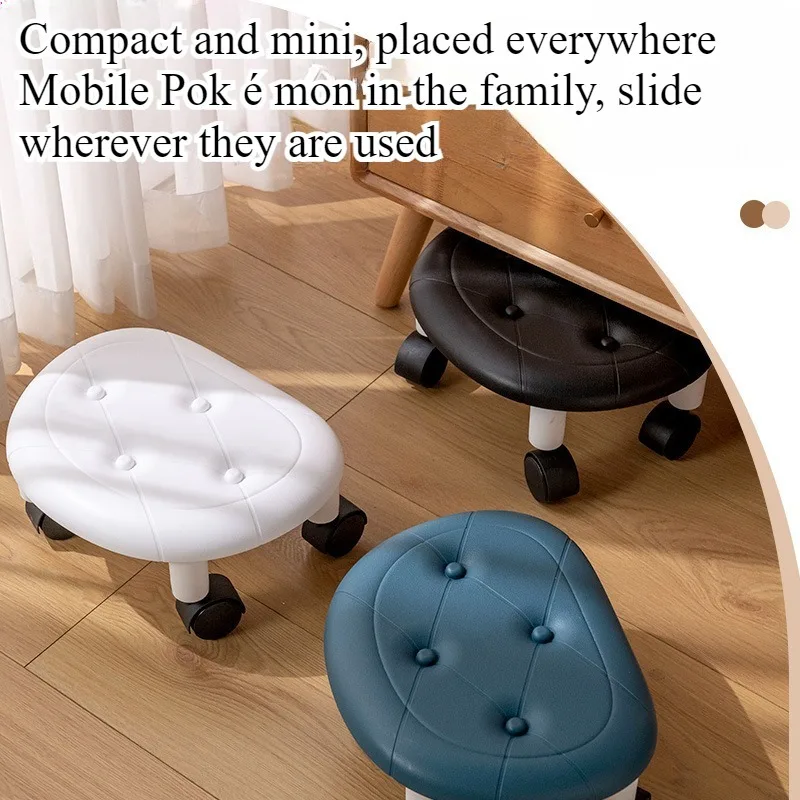 Banquinho baixo de imitação de couro com rodas, moderno e simples, para quarto, banquinho de plástico com rodas para uso doméstico, sala de estar, banquinho infantil pequeno.