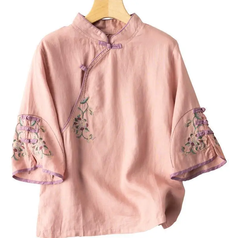 Chinese Tang Suit Shirt Cotton Linen Embroidery Blouse National Style Slim T-shirt Women Vintage Elegant Traditional Hanfu Tops