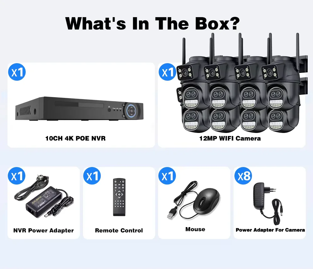 10CH XMEye Smart Video Surveillance System10CH 4K POE NVR Three Lens Auto Track 12MP WIFI Cameras 8X Zoom PTZ Wireless System