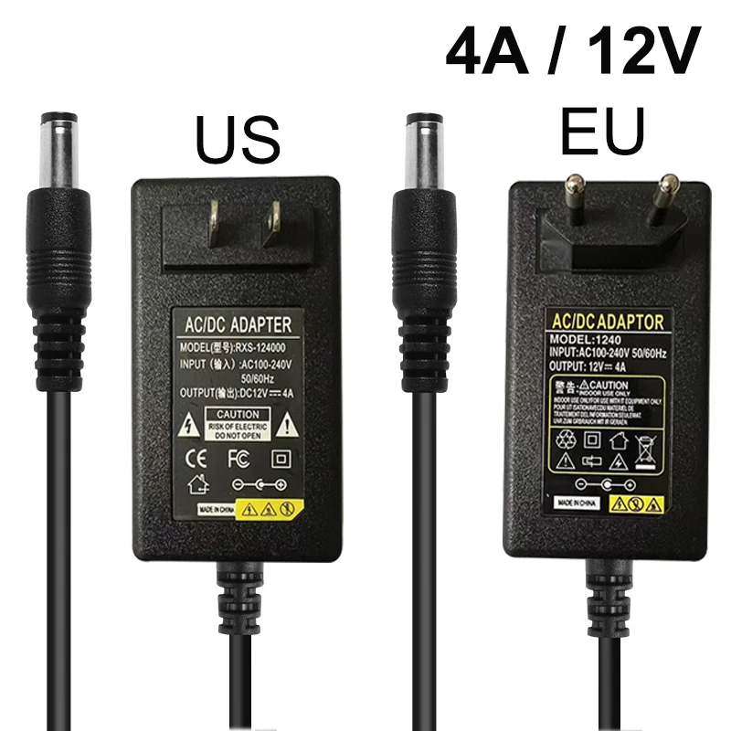 Power Supply Adapter 12V 4A US EU Plug in DC Converter 100-240V AC to DC 12V 48W 4000mA Charger For CCTV Smart LED Lights