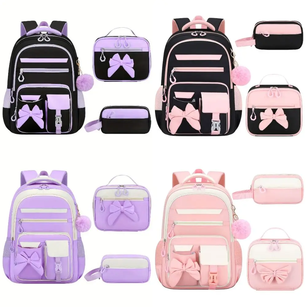 3PCS Cartoon Backpack,lunch Bag,Pencil Case Set Large Capacity Oxford Cloth Bow-knot Schoolbag Set Lightweight Waterproof