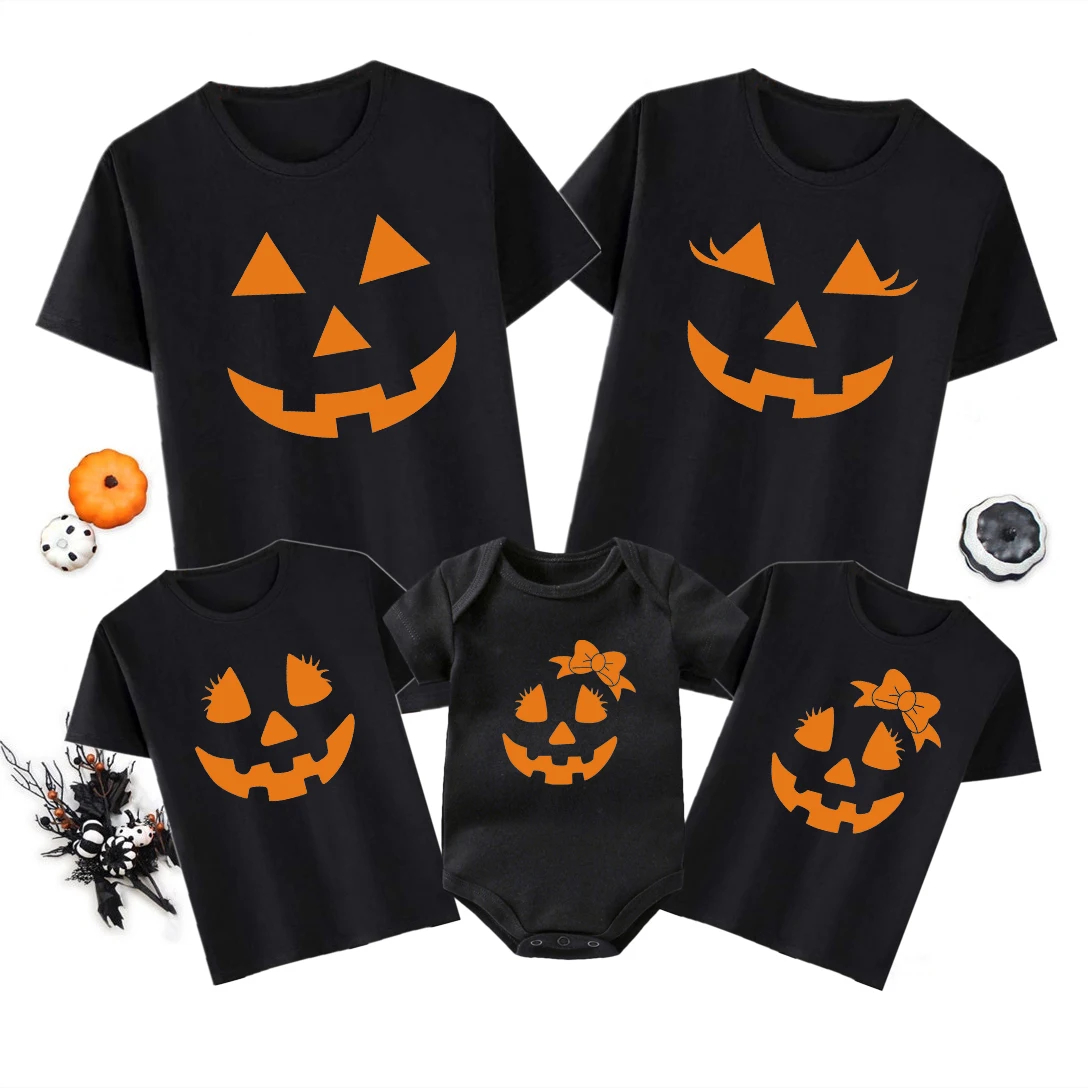 Funny Halloween Pumpkin Print Father Mother Daughter Son Baby Family Matching Clothes Family Look Cotton Dad Mom and Me Shirts