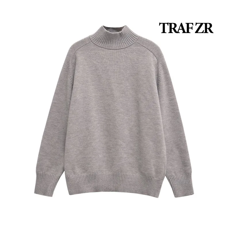 TRAF ZR Cozy Sweaters Woman Jumper Minimalist Grey Turtleneck Pullovers Long Sleeve Knitwear Pullovers Women's Autumn Sweater