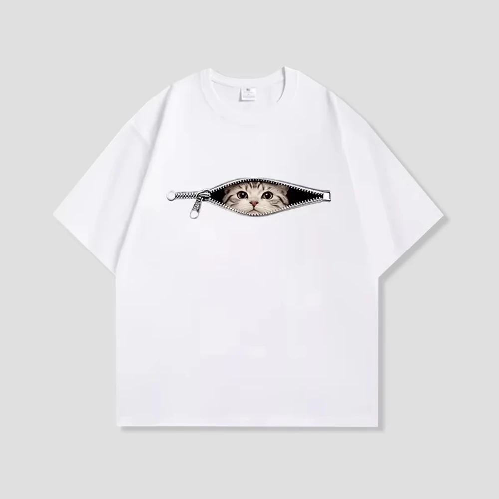 Cute Cat Graphic T Shirts Funny Hidden Cat Pocket Design Short-sleeved Tee Casual Fashion Versatile Top for Girls Boys Women Men