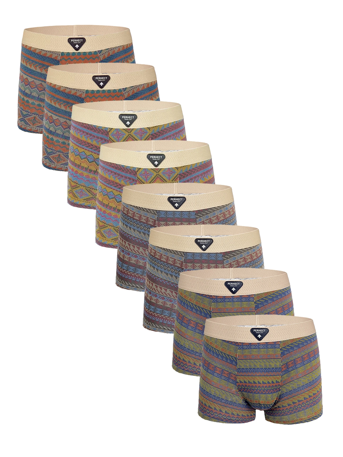 

Men's 8-Pack Cotton Boxer Briefs - "PERHECT" Logo Waistband, Ethnic Geometric Pattern Assorted Color Underwear Set