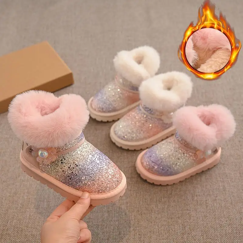 

Модные детские ботинки S Модная детская обувь Детские зимние сапоги Зимние сапоги для девочек на подкладке из искусственного меха Водонепроницаемая противоскользящая короткая кожаная обувь