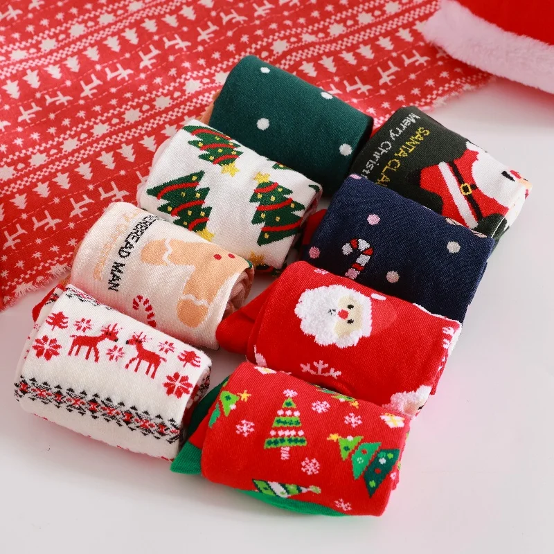 HA WA 3/5 Pairs Men/Women Christmas Socks Cotton Novelty Holiday Cylindrical Mid-calf Socks For Xmas Gift