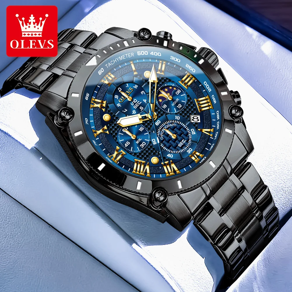 OLEVS 3689 Men Watch Luxury Brand Quartz Watch Classic Large Dial Moon Phase Chronograph Waterproof Watch Original Men Watch