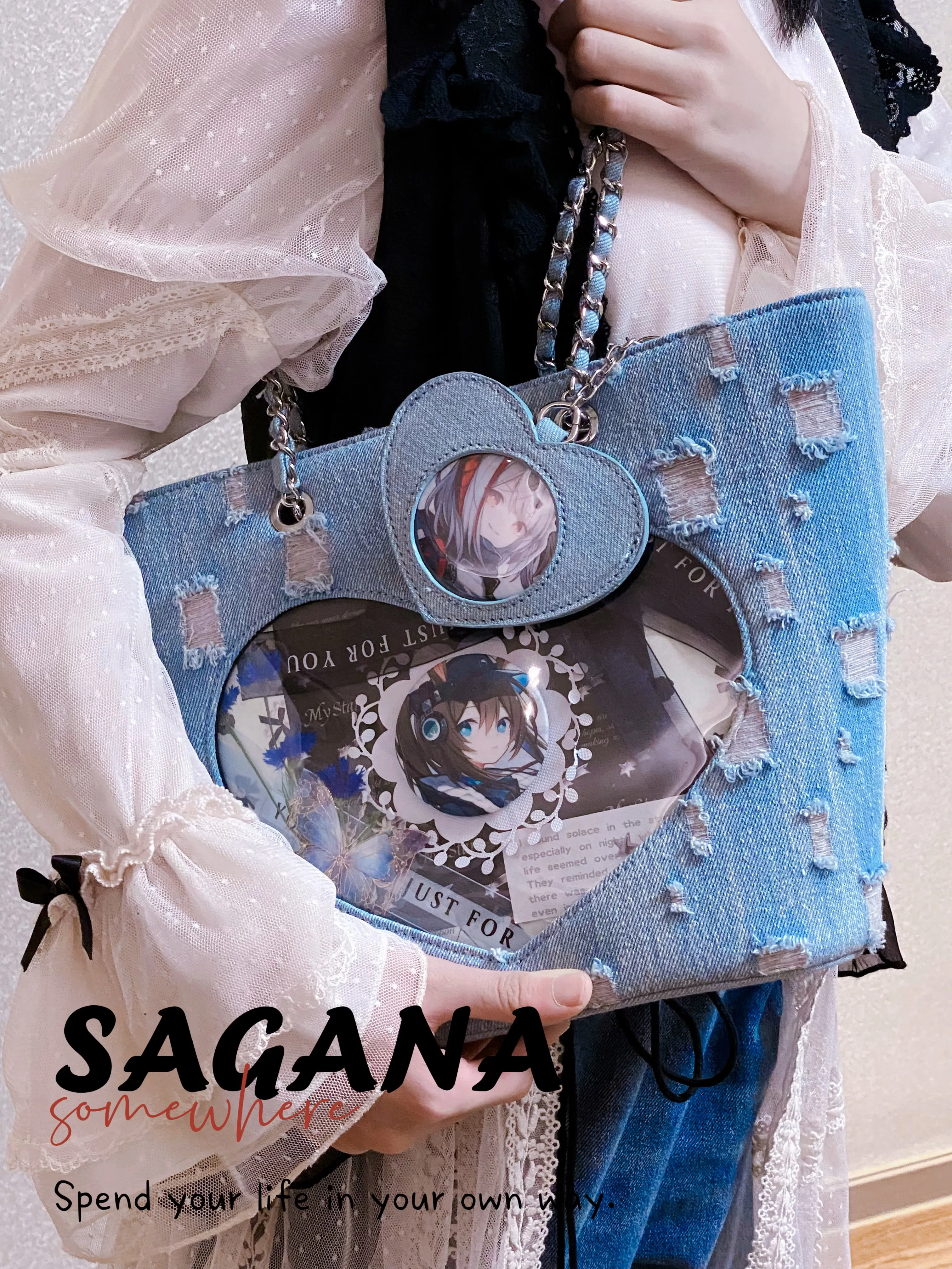 

Japanese Large-capacity Personalized Girl Denim Tote Bags Shoulder Bag Large-amount Love Transparent Pain Window Ltabag Women