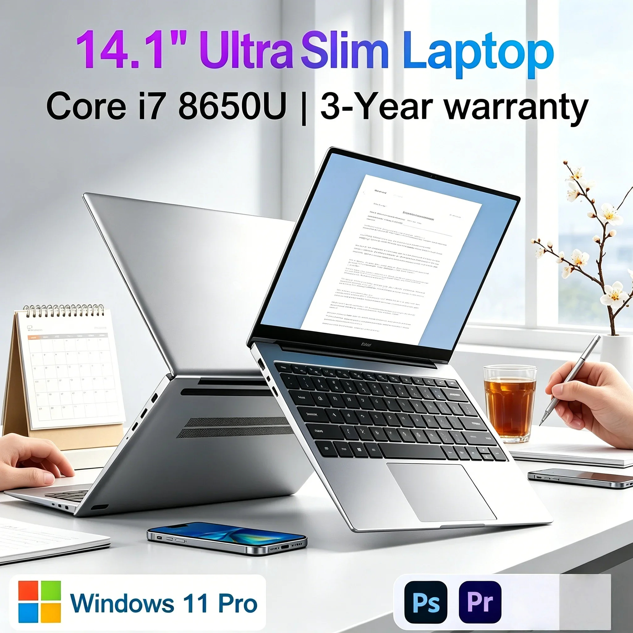 

Premium 14.1" Notebook PC Intel Core I7‑8650U Processor 32GB RAM Large 2TB M.2 SSD Windows 11 Pro Ultra Slim Office Study Laptop