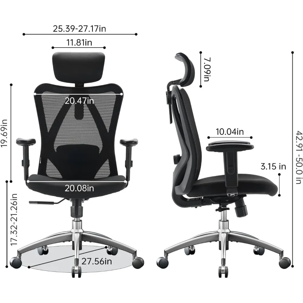 Kursi kantor ergonomis orang tinggi, sandaran kepala dapat disesuaikan dengan sandaran tangan 2D, penopang Lumbar dan roda PU, fungsi kemiringan Putar