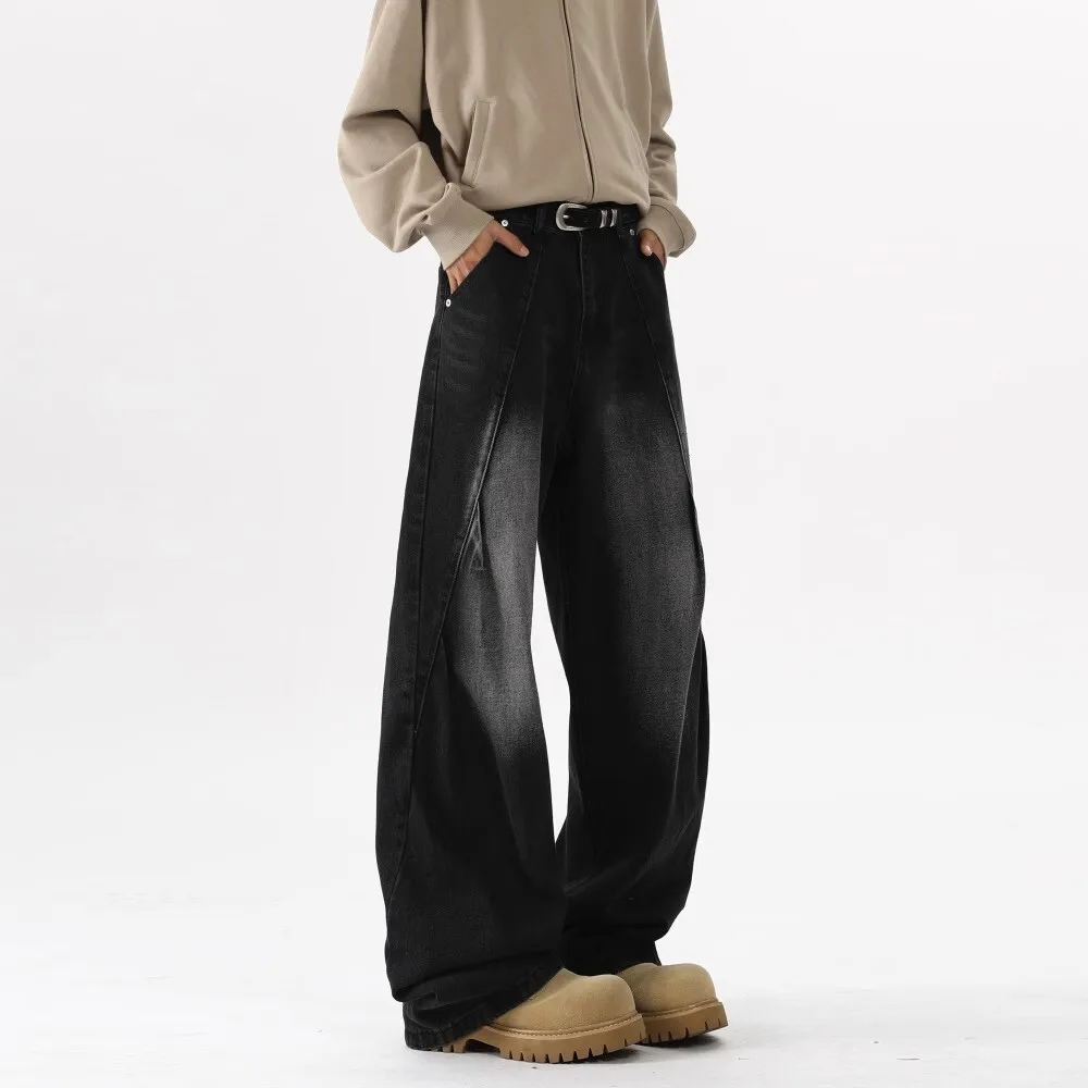 Vintage Men's Straight Wide Leg Washed Loose Fit Baggy Jeans Male Streetwear Cowboy Denim Straight Trousers