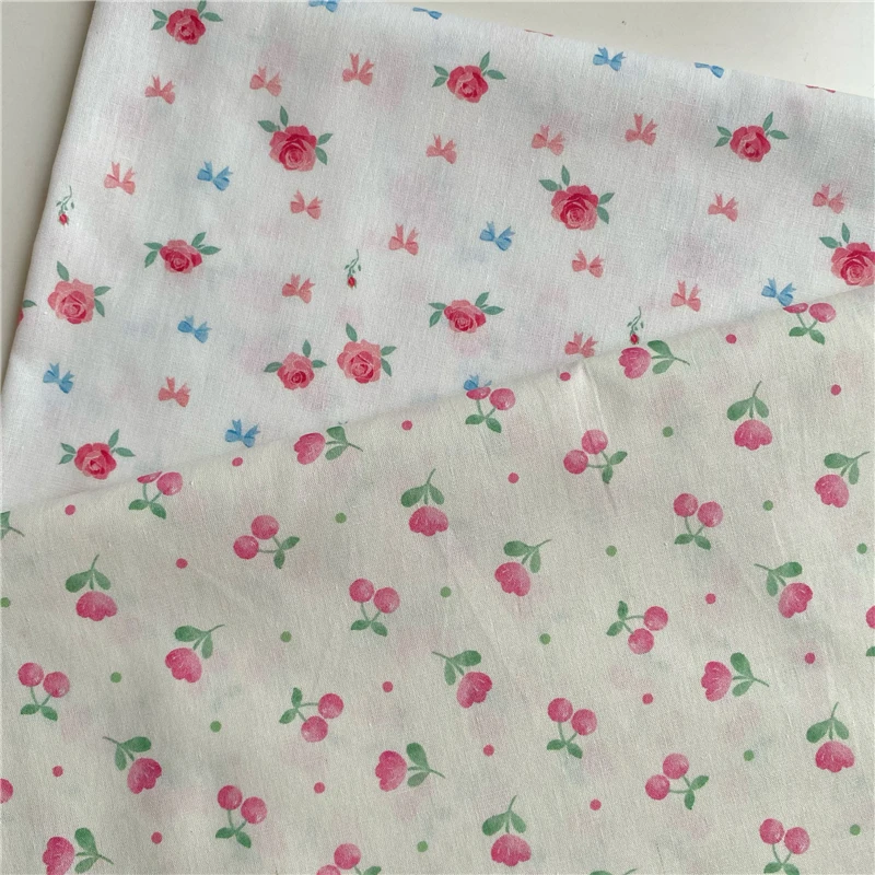 

100x145 Ткань с розовой розой, хлопковая тонкая ткань, пасторальный маленький цветочный бант с вишней, материал «сделай сам», кукла, одежда для домашних животных, платье, кольцо для волос, ткань