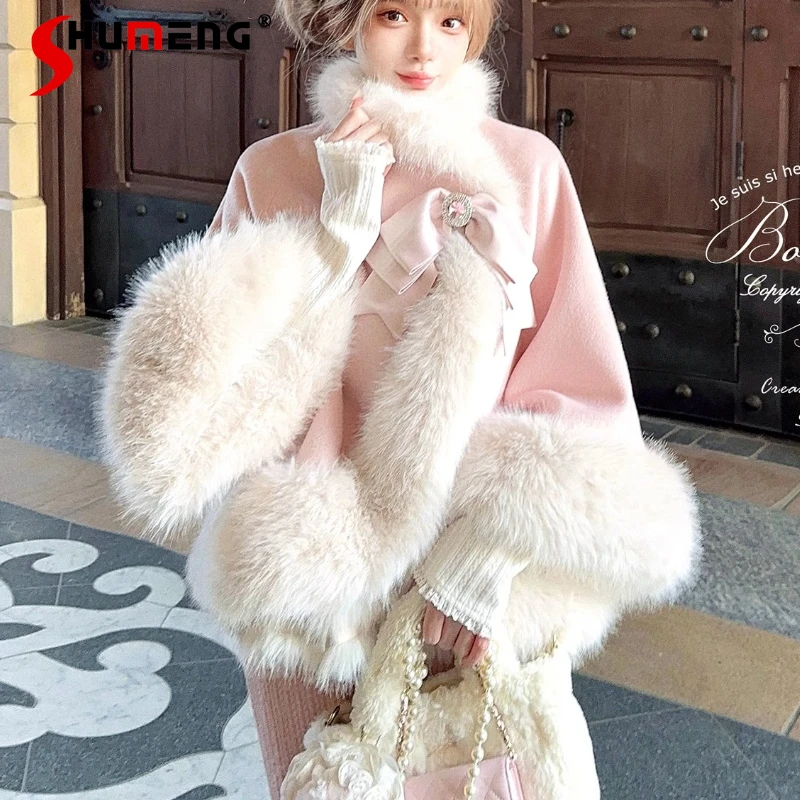 

Japanese Lolita Cute Thick Warm Faux Fox Fur Woolen Cape Coat Kawaii Clothes Pink Color Elegant Temperament Long-sleeves Ponchos