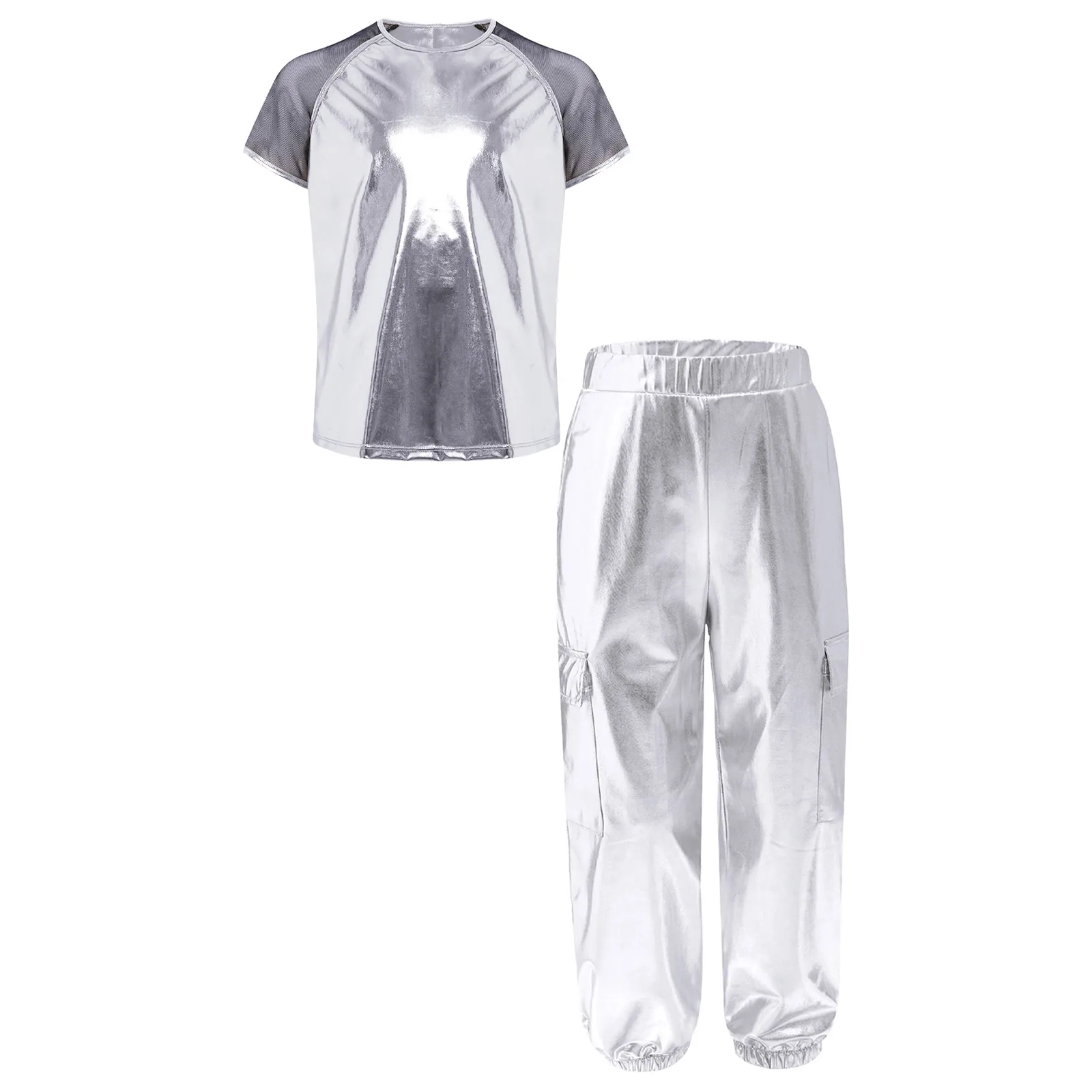 

Костюм для джазового выступления на сцене, танцевальный наряд в стиле хип-хоп, прозрачная сетка с короткими рукавами, металлическая футболка, дышащая блузка, блестящий брючный костюм