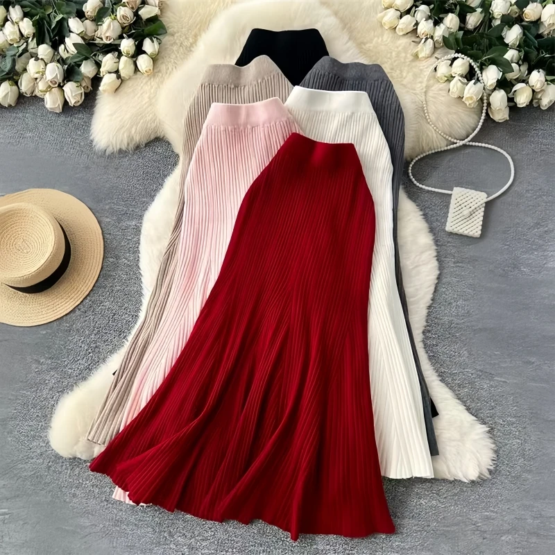Karofi Women High Waist Ribbed Knit Midi Skirt Solid Color Flared Swing Long Skirt Elegant Casual Knitted A Line Skirts SK687