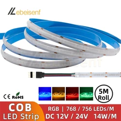 5m FCOB RGB LED listwa oświetleniowa 4 Pin 10mm DC 12V 24V 14 W/m 768 756 LED/m FOB elastyczne liniowe światła o wysokiej gęstości RA90 ściemnialne