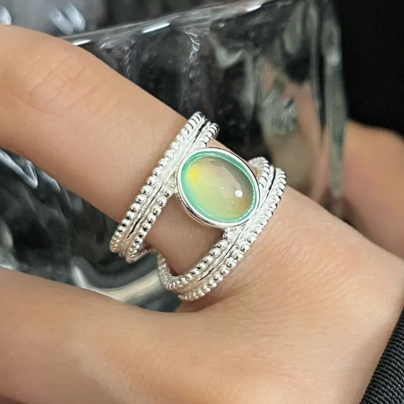 PANJBJ – bague œil de chat en argent Sterling 925, couleur menthe, Double couche, Texture ajourée, bijoux Ins, cadeau de fête, vente en gros