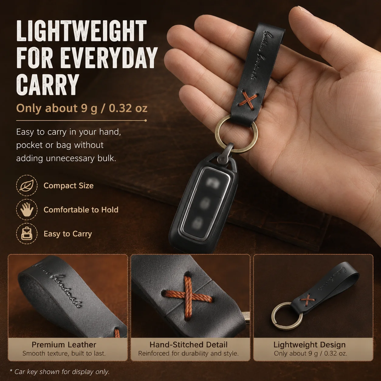 Top Grain Leather Keychain Vintage Hand Stitched Key Ring for Car Home Office Keys Lightweight EDC Key Holder Accessory