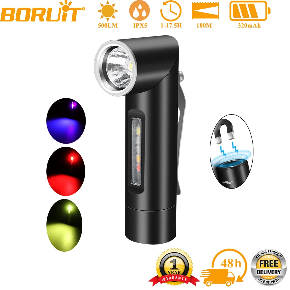 BORUiT V5S 500LM UV LED Flashlight Swivel Head Type-C Rechargeable Torch Work Light with Magnet Waterproof Camping Lantern