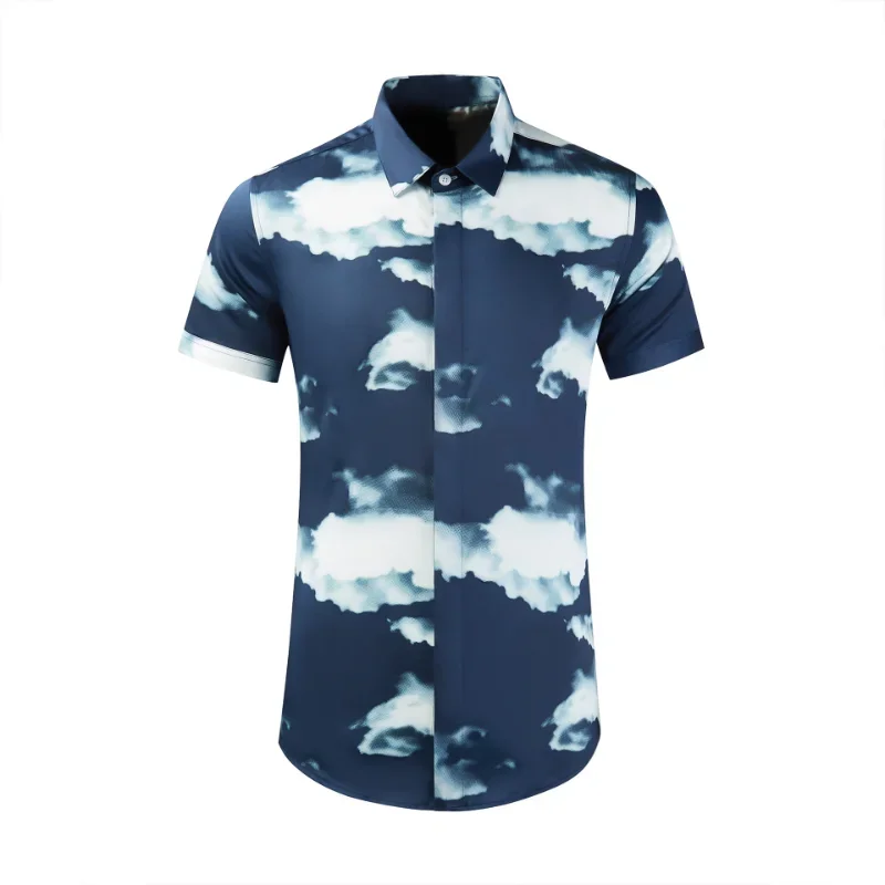 Minglu 100% Cotton Summer Men's Shirts Luxury Clouds Allover Printed Short Sleeve Party Slim Fit Casual Male Dress Shirts 4XL