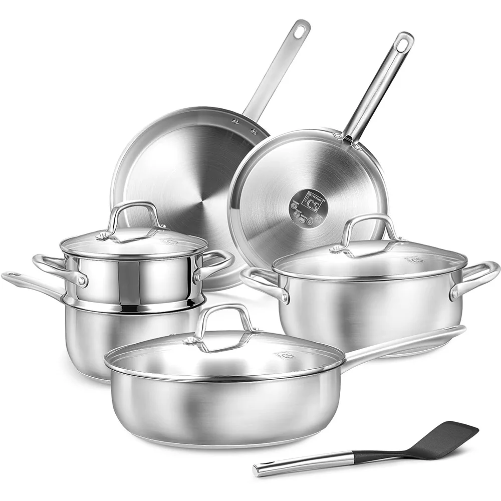 Bratpfannen, Grillplatten, Kochkessel, Fritteusen, Suppen- und Brühtöpfe, dreilagiges Stahlkochgeschirr-Set, 10-teiliges Pfannen- und Topfset, unbeschichtetes Kochgeschirr